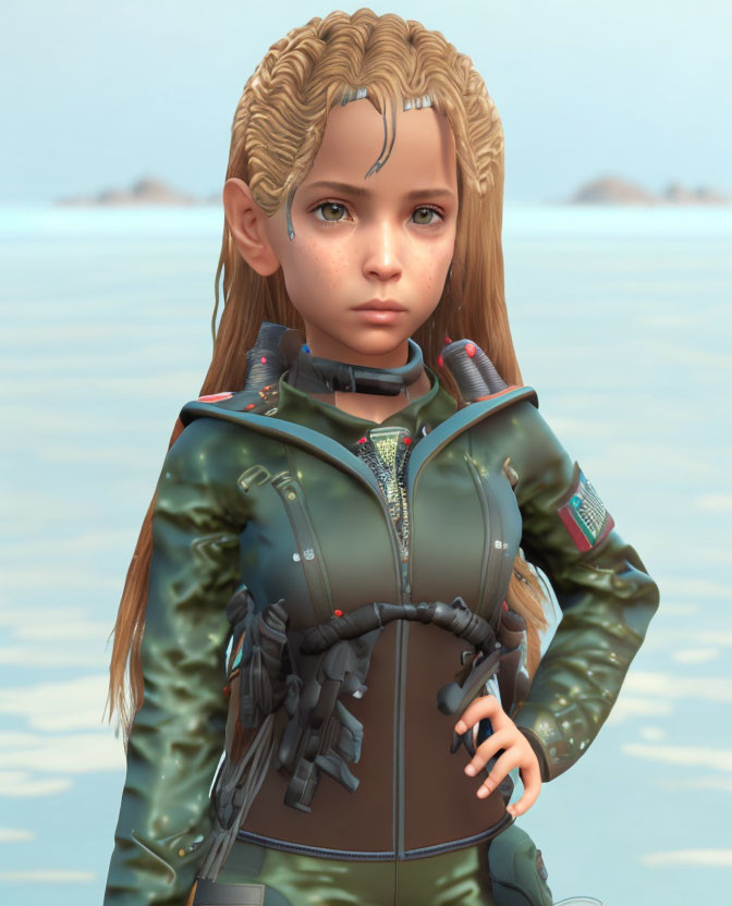 Detailed 3D rendering of young girl in futuristic suit with braided hair