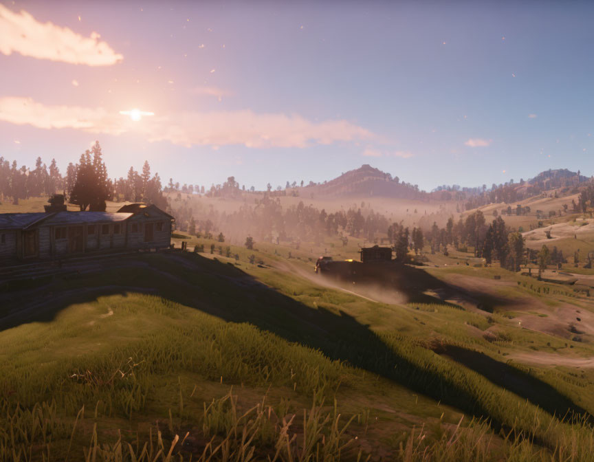 Rural landscape with house, steam train, hills, and dusk sky