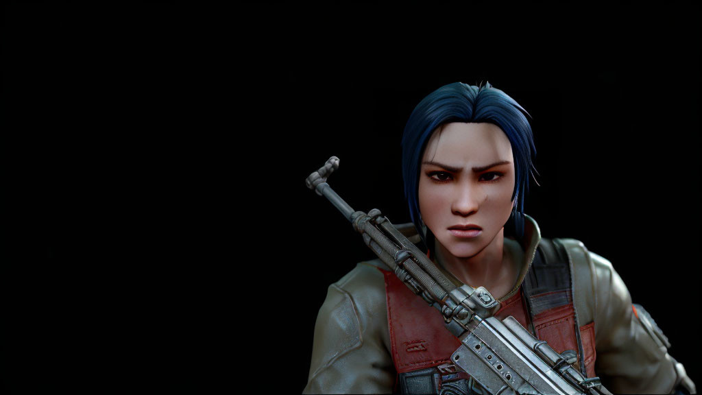 Blue-Haired Character with Rifle on Dark Background