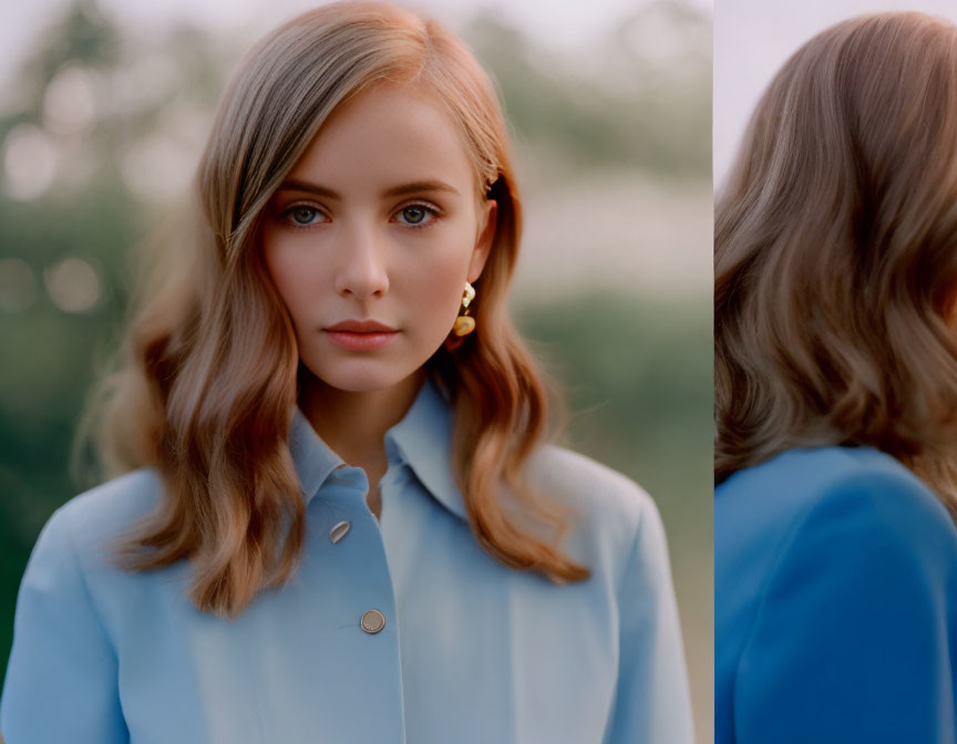 Brown-haired woman in blue blouse: Front and profile views