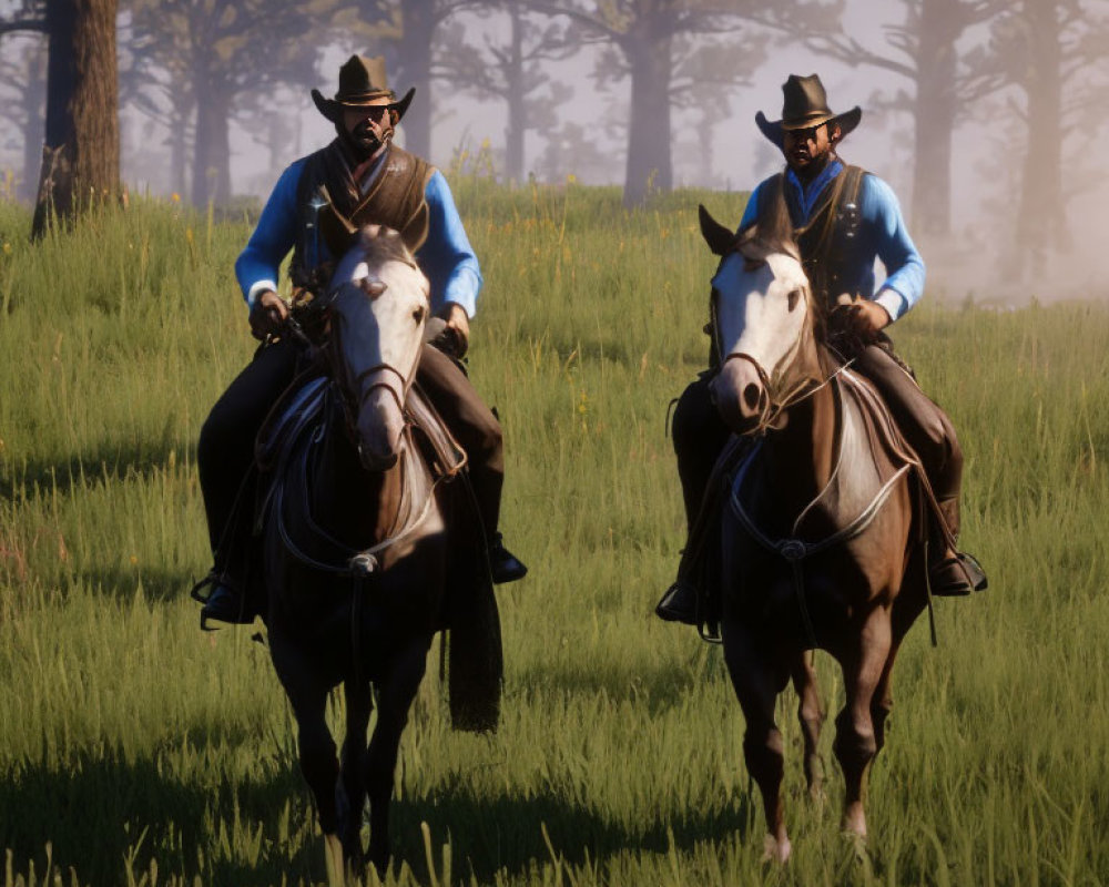 Cowboys on horses in field with trees wearing hats and period attire