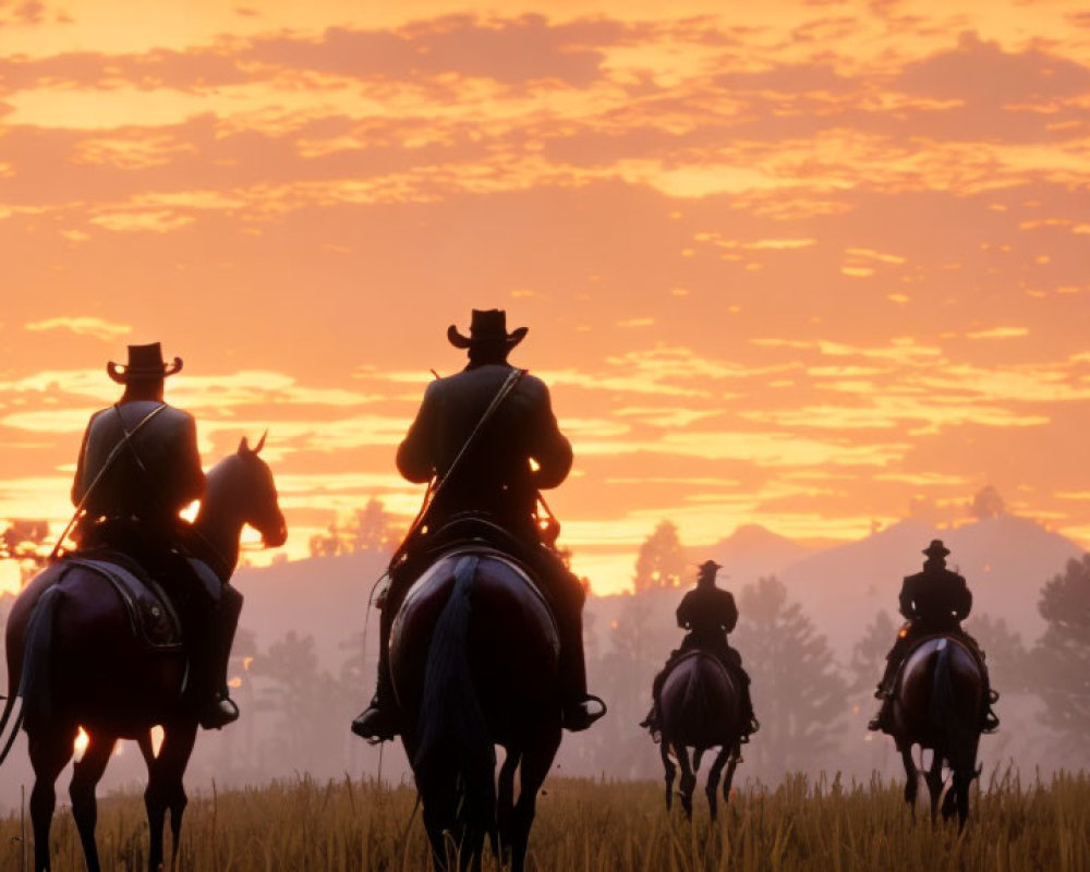 Four horse riders silhouetted against vibrant sunset with orange cloudy sky and trees on horizon.