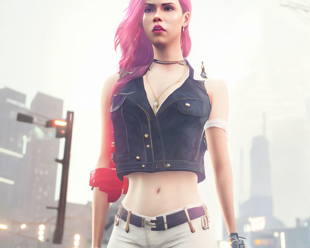 Digital illustration: Woman with pink hair, futuristic attire, and robotic arm in neon cityscape