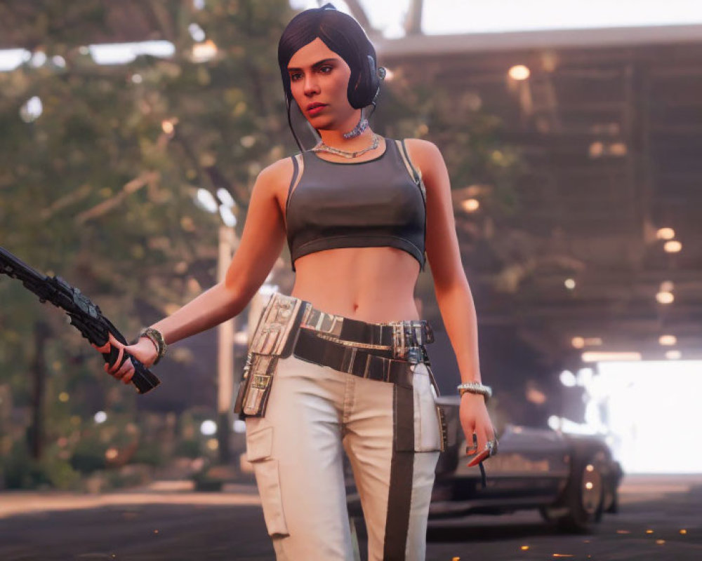 Digital artwork: Female character with dark hair, crop top, white pants, bullet belt, holding a