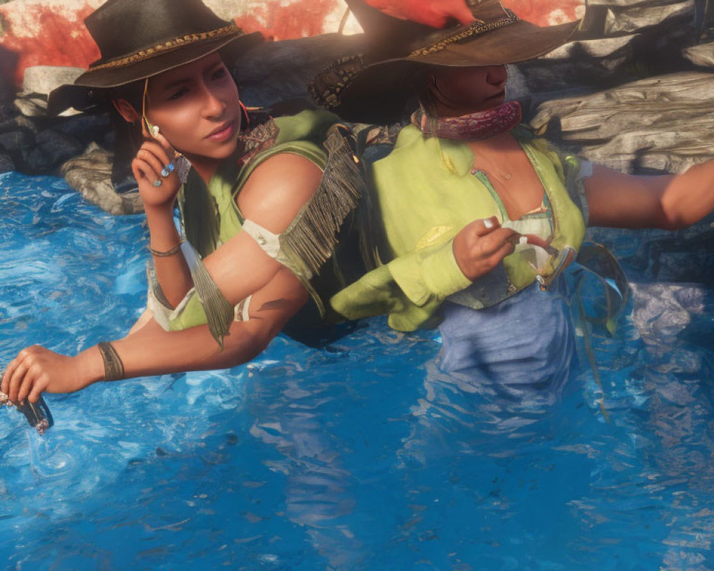 Two Women in Cowboy Hats Relaxing in Clear Blue Water