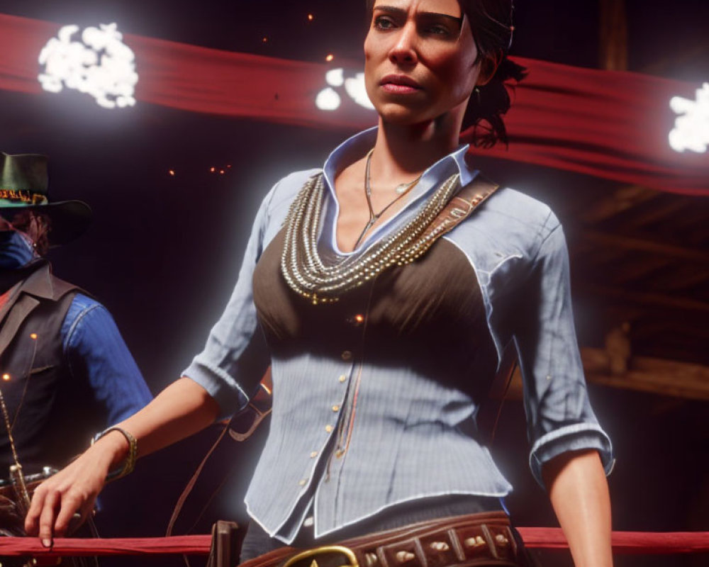 Digital image of stern woman with braid, blue shirt, necklace, and gun belt next to person