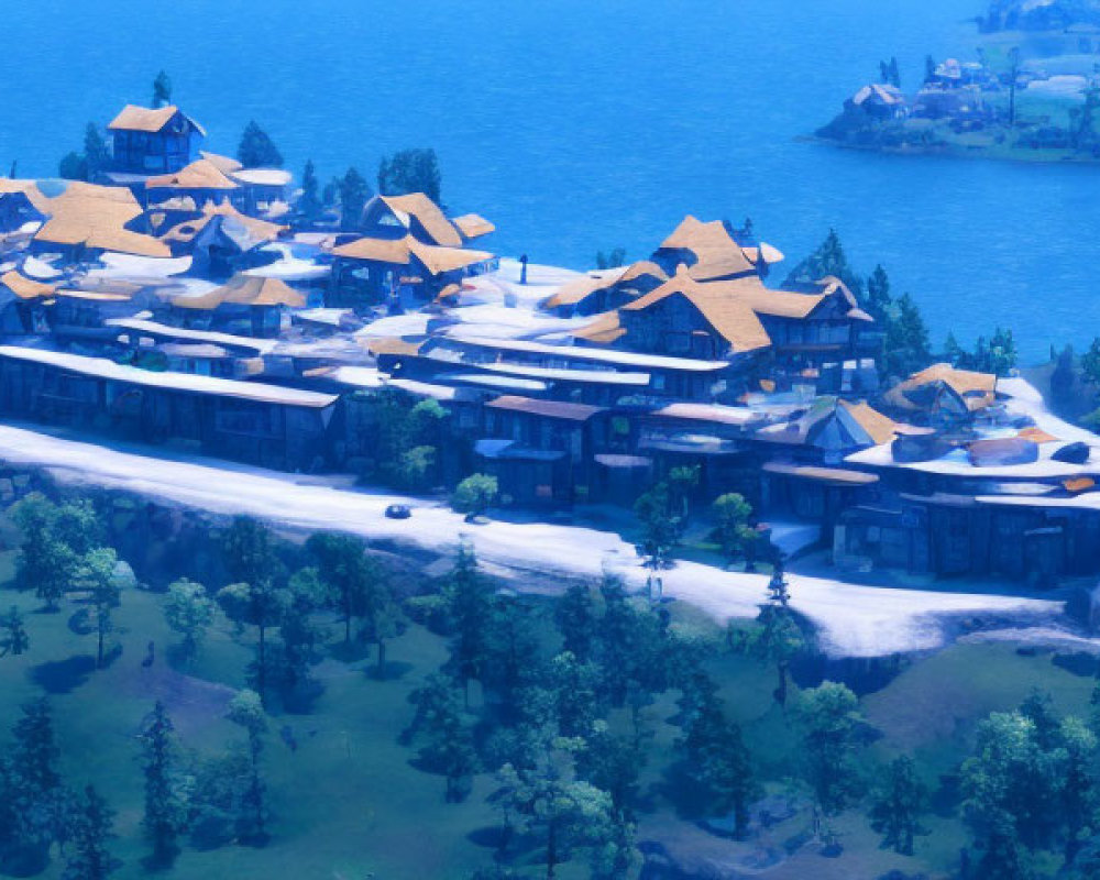 Snow-covered village with wooden houses by calm lake, surrounded by green trees under clear blue sky