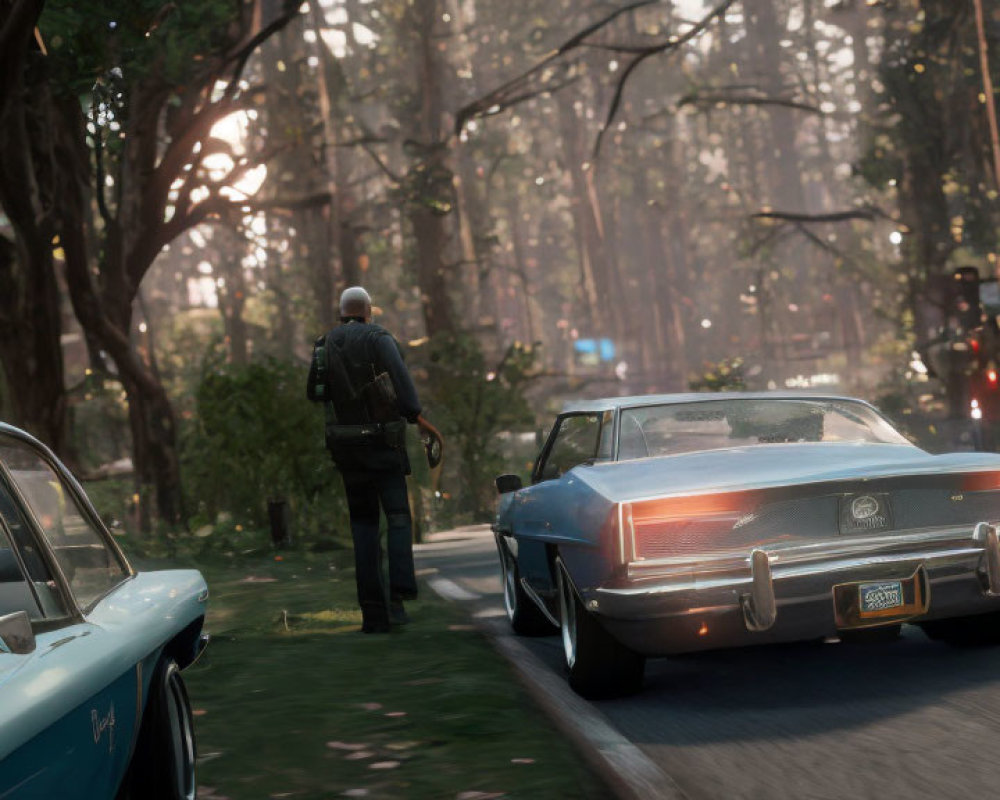 Person beside classic car on sunlit road with trees