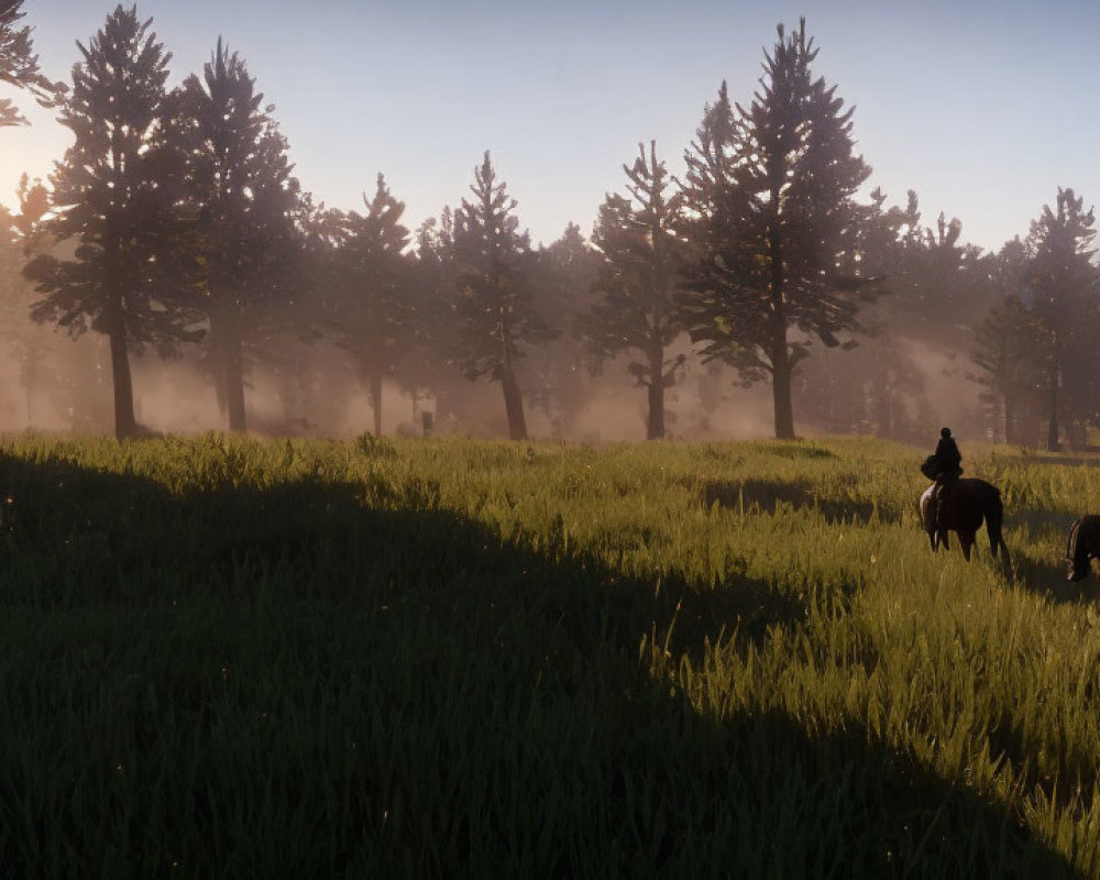 Two Horseback Riders in Serene Forest Clearing at Dusk