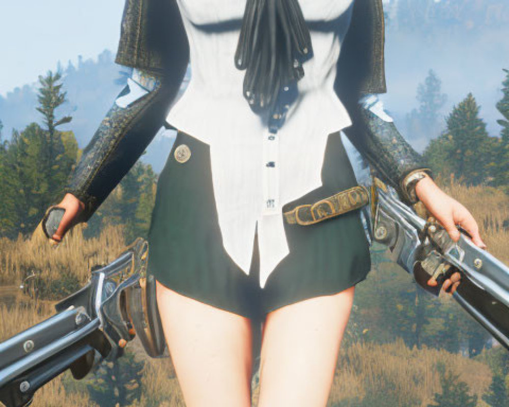 Female video game character in pirate attire with pistols, tricorne hat, and boots in sunlit