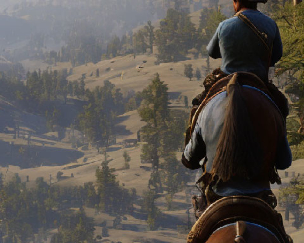 Two Horseback Riders Surveying Vast Hill Landscape