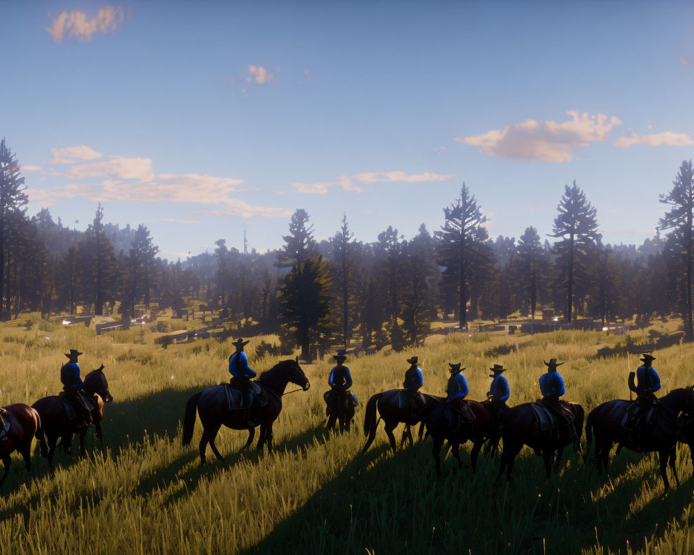 Horseback riders in forest clearing at sunset