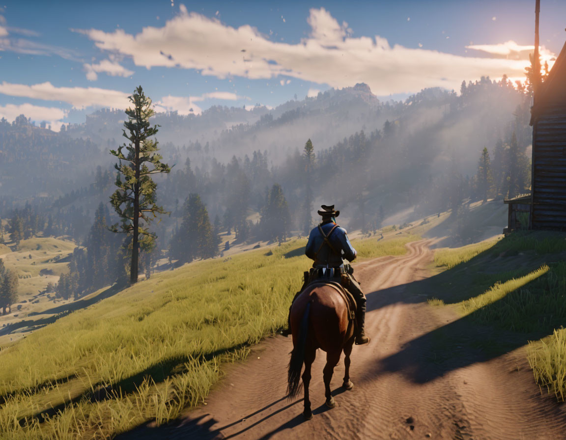 Cowboy riding horse near cabin at sunrise on trail with sun rays through trees.