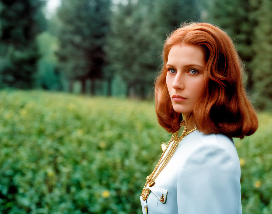 Red-haired woman in white blazer stands in field with green trees