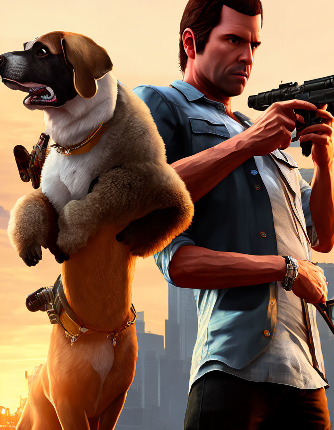 Man in blue shirt with gun and large dog in sunset city scene