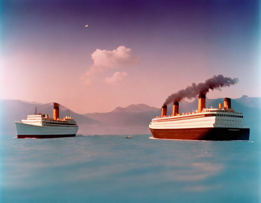 Vintage Ocean Liners Passing Each Other with Mountains and Small Boat in Soft Sky