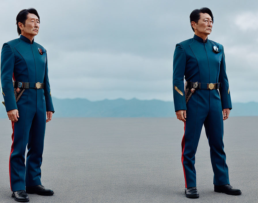 Two Men in Matching Blue Uniforms with Red Trim and Badges Against Cloudy Sky