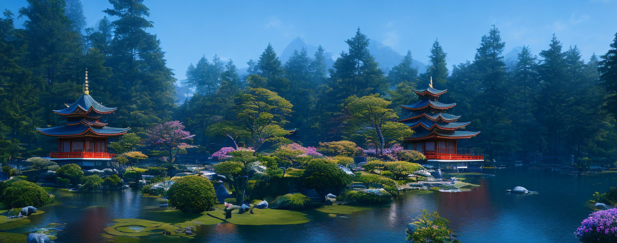 Japanese Garden with Pagodas, Cherry Blossoms, Trees, and Pond