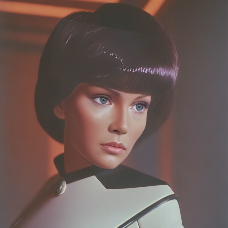 Futuristic female android with blue eyes and sleek haircut on pink and orange gradient background