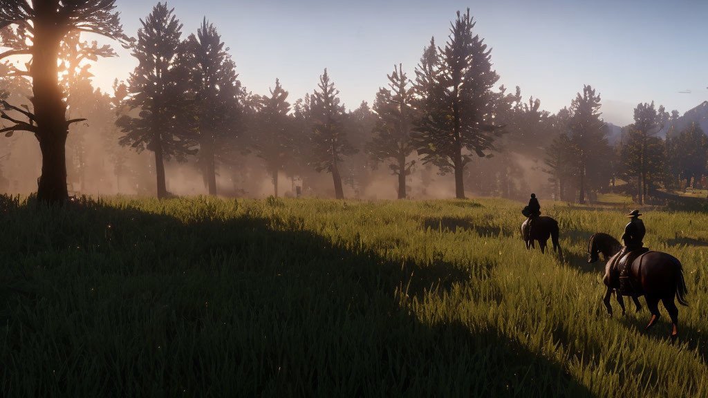 Two Horseback Riders in Serene Forest Clearing at Dusk