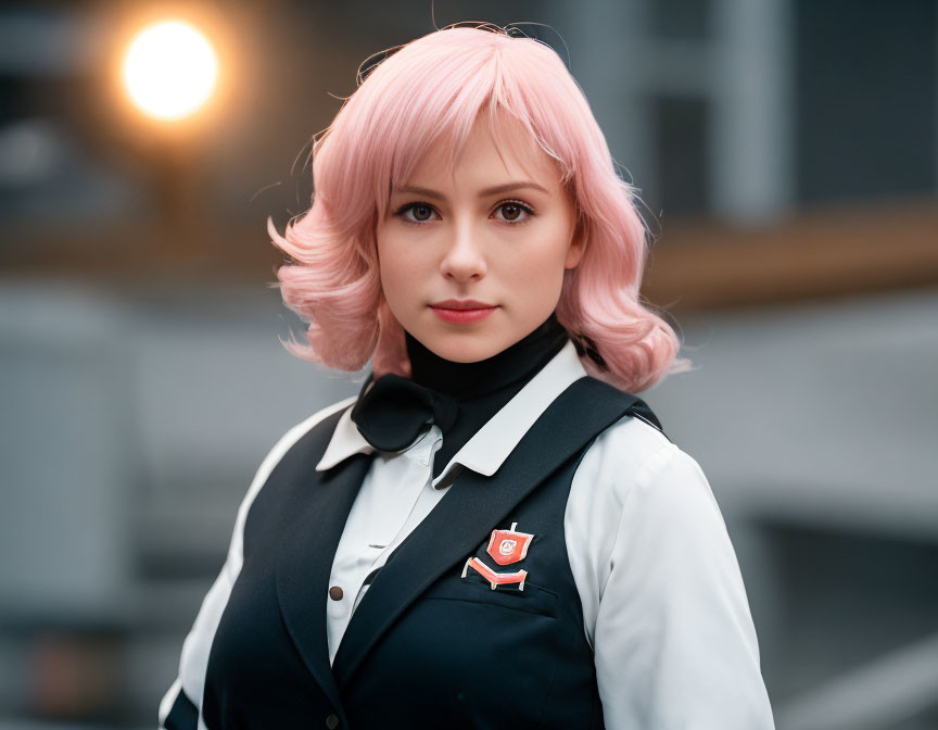 Pink-haired person in uniform with black vest and tie displaying badge against warm blurred background