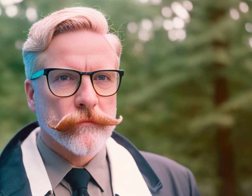 Styled Mustache Man in Glasses and Tie on Blurred Green Background