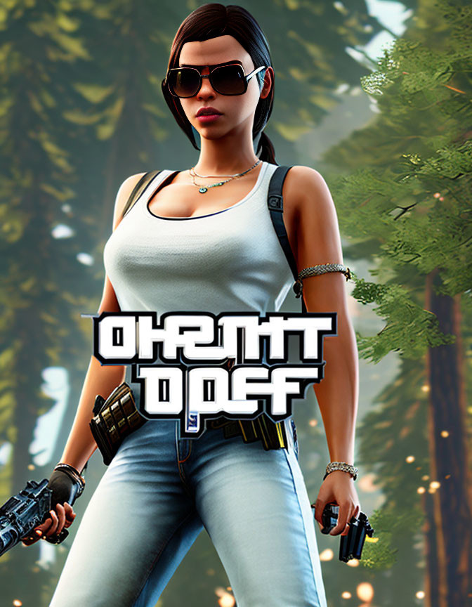 Female animated character in forest with weapons and sunglasses