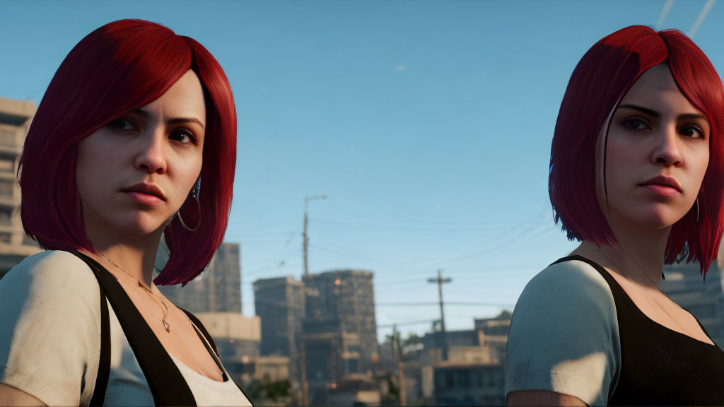 Twin women with bright red hair against urban backdrop