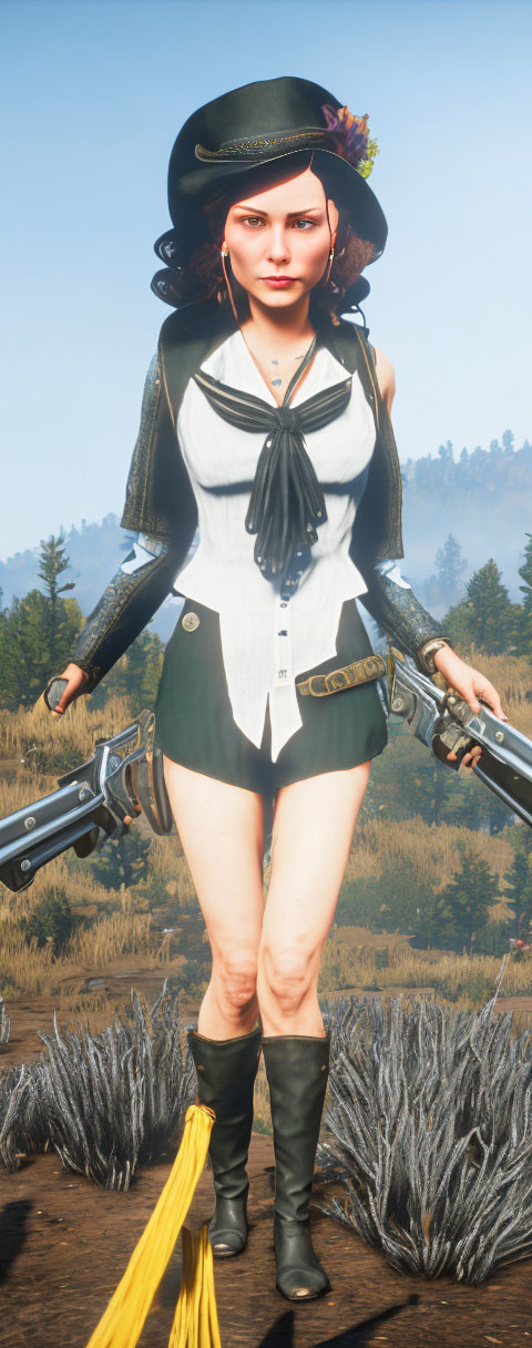 Female video game character in pirate attire with pistols, tricorne hat, and boots in sunlit