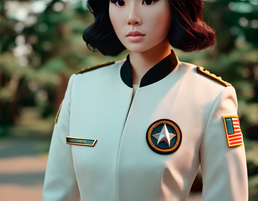 Cream-Colored Military Uniform with Futuristic Design and Chest Insignia