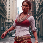 Western-themed female video game character with revolver in hand against wooden buildings and trees.