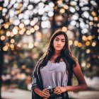 3D Rendered Woman in Blue and White Outfit with Badge in Forest Setting