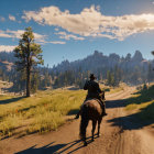 Cowboy riding horse near cabin at sunrise on trail with sun rays through trees.