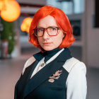 Pink-haired person in uniform with black vest and tie displaying badge against warm blurred background