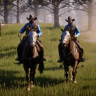 Cowboys on horses in field with trees wearing hats and period attire