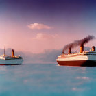 Vintage Ocean Liners Passing Each Other with Mountains and Small Boat in Soft Sky