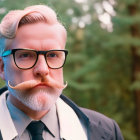 Styled Mustache Man in Glasses and Tie on Blurred Green Background