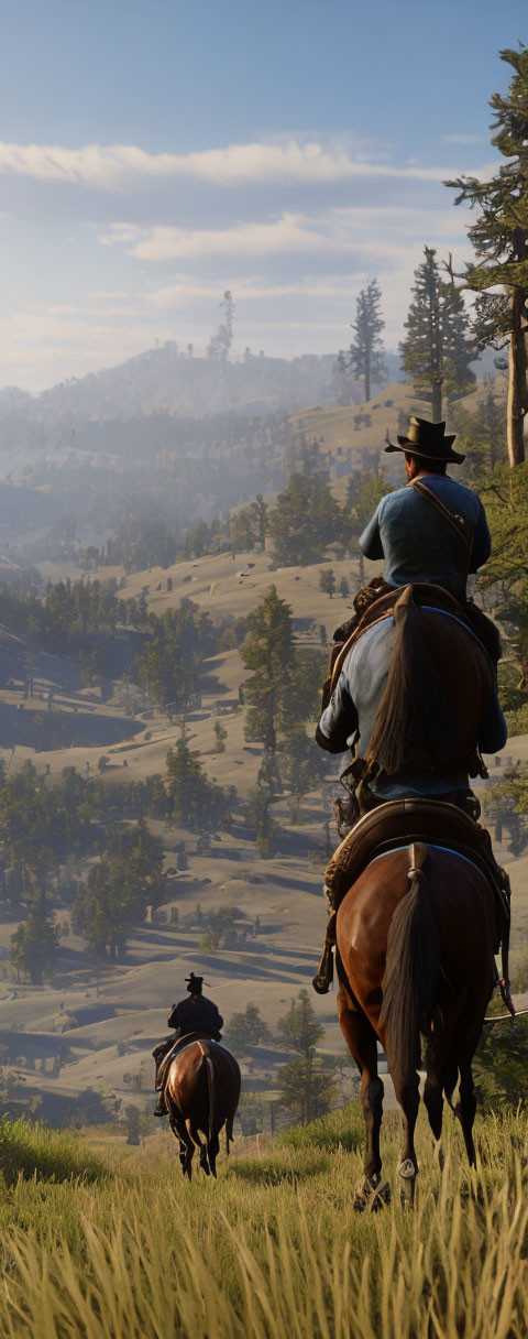 Two Horseback Riders Surveying Vast Hill Landscape