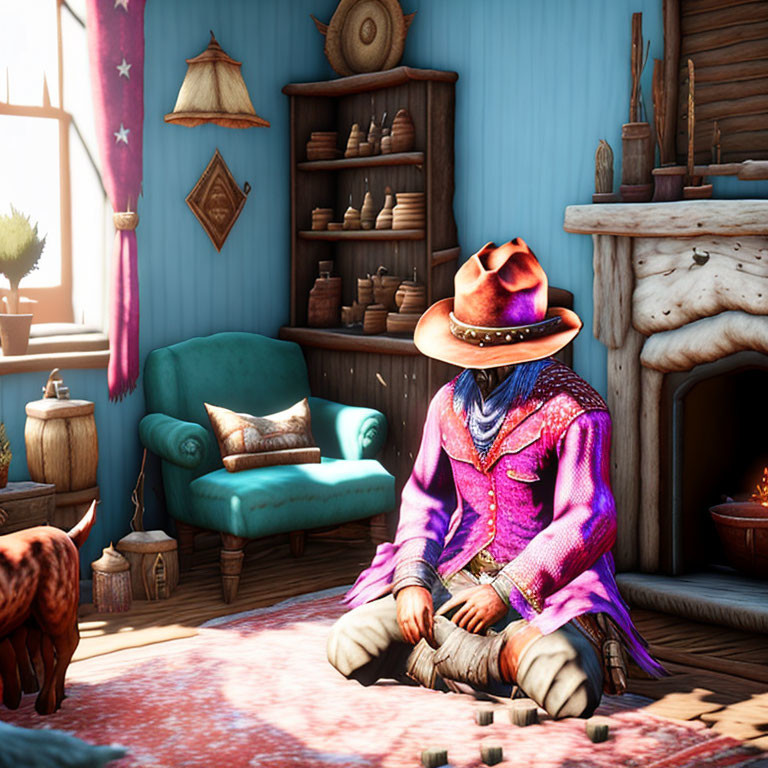 Character in purple outfit and cowboy hat in cozy rustic room with fireplace