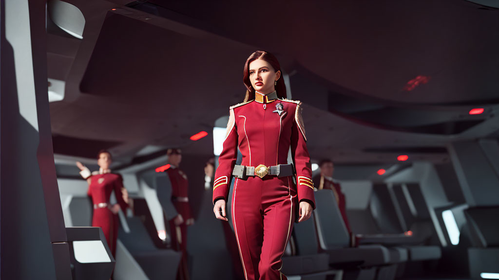 Red futuristic military uniform woman on spaceship bridge with crew members