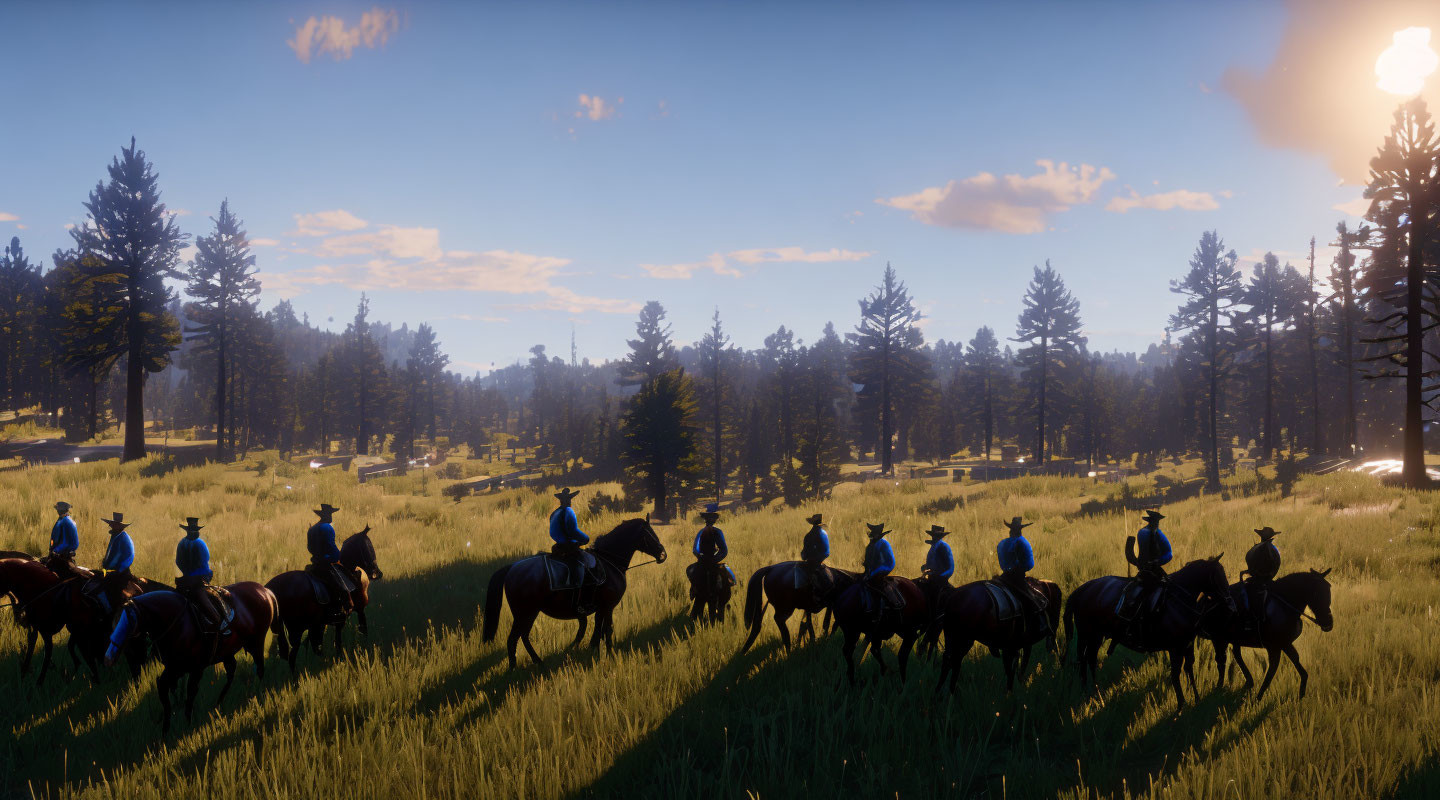 Horseback riders in forest clearing at sunset