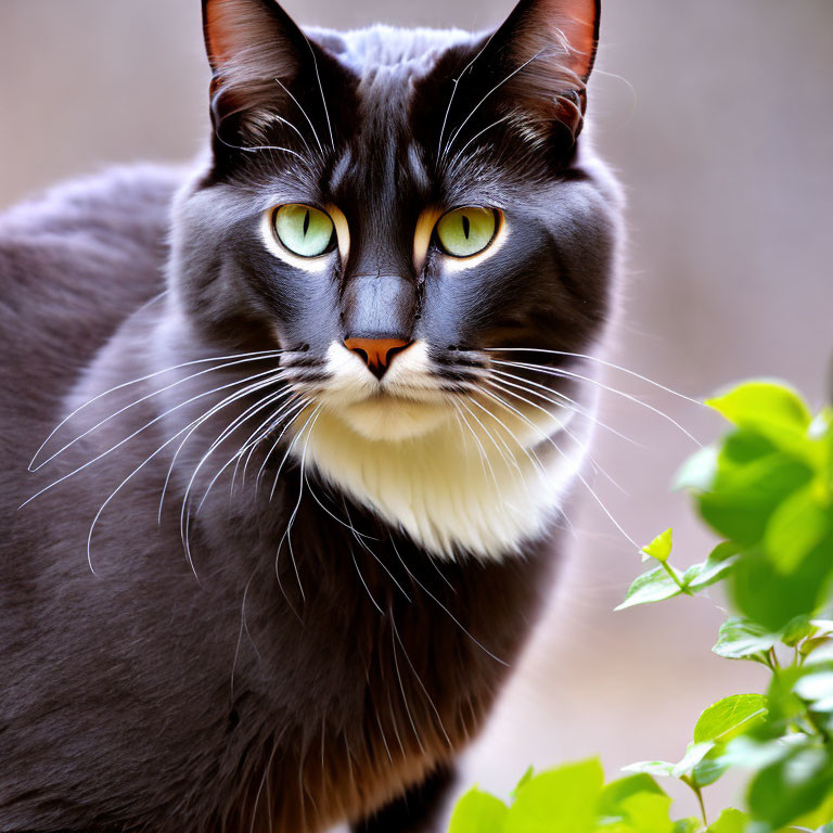 Black Cat with White Chest and Green Eyes Among Green Foliage