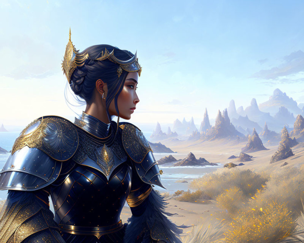 Female warrior in ornate armor surveys desert landscape with rocky formations and yellow flowers under clear sky