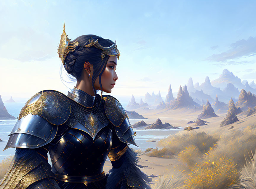 Female warrior in ornate armor surveys desert landscape with rocky formations and yellow flowers under clear sky