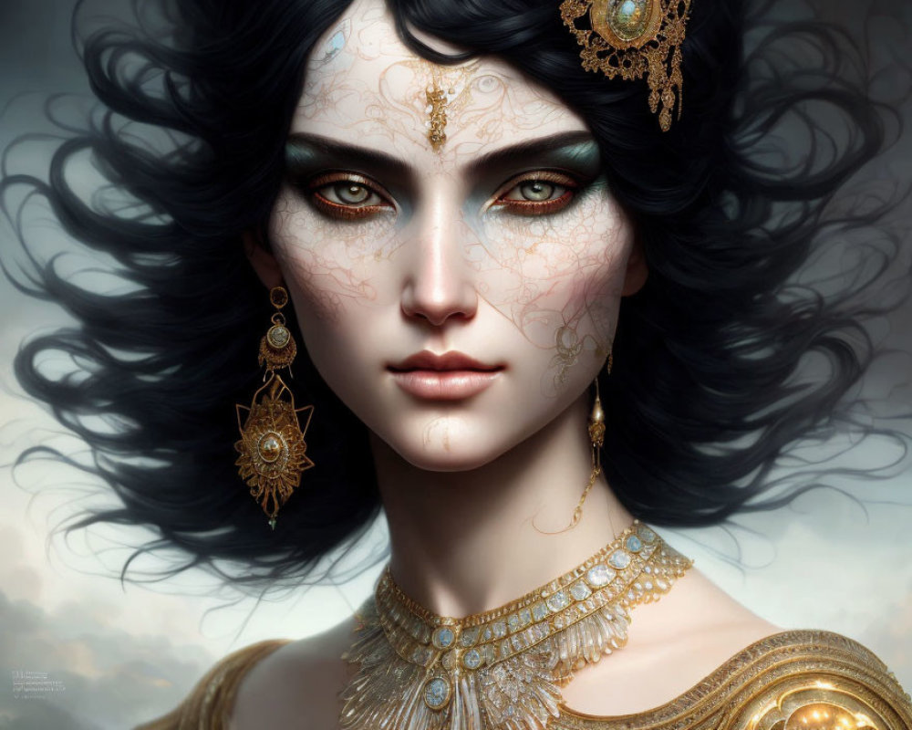 Portrait of Woman with Dark Hair, Pale Skin, and Gold Jewelry