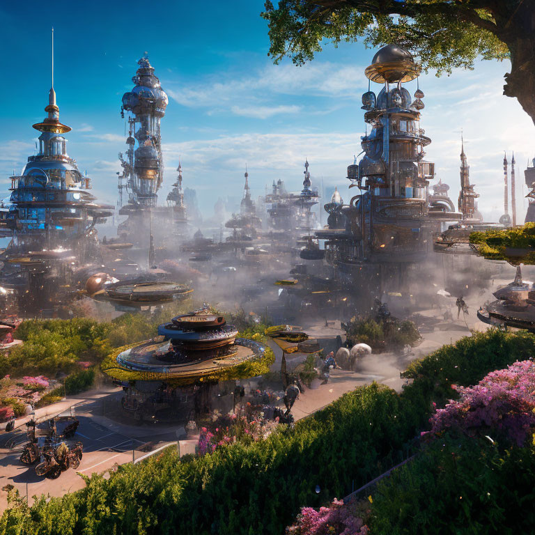 Futuristic cityscape with ornate structures, greenery, flowers, and diverse characters