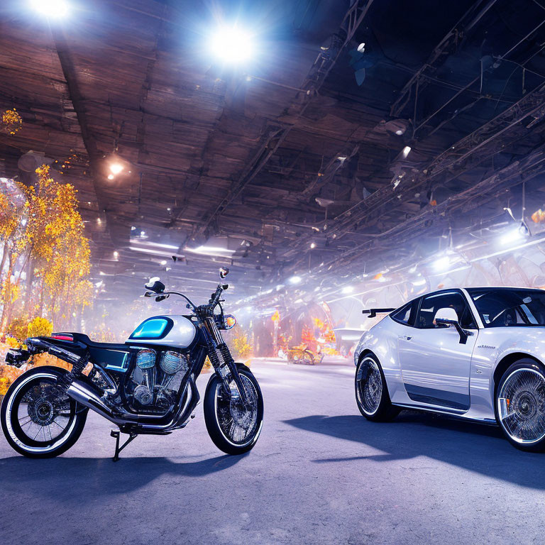 Motorcycle and sports car in industrial indoor setting with atmospheric lighting