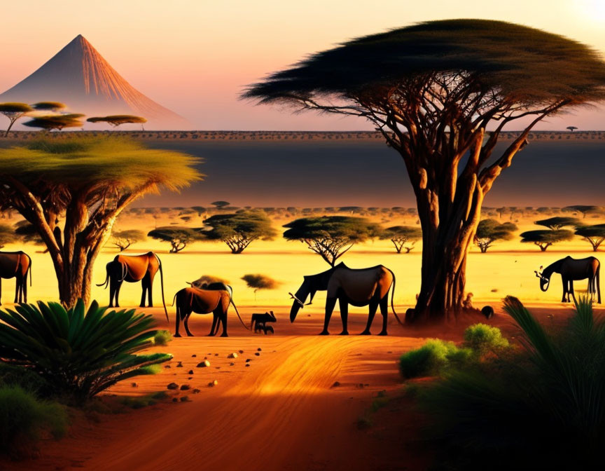 Serene African savanna sunset with elephants, acacia trees, and mountain