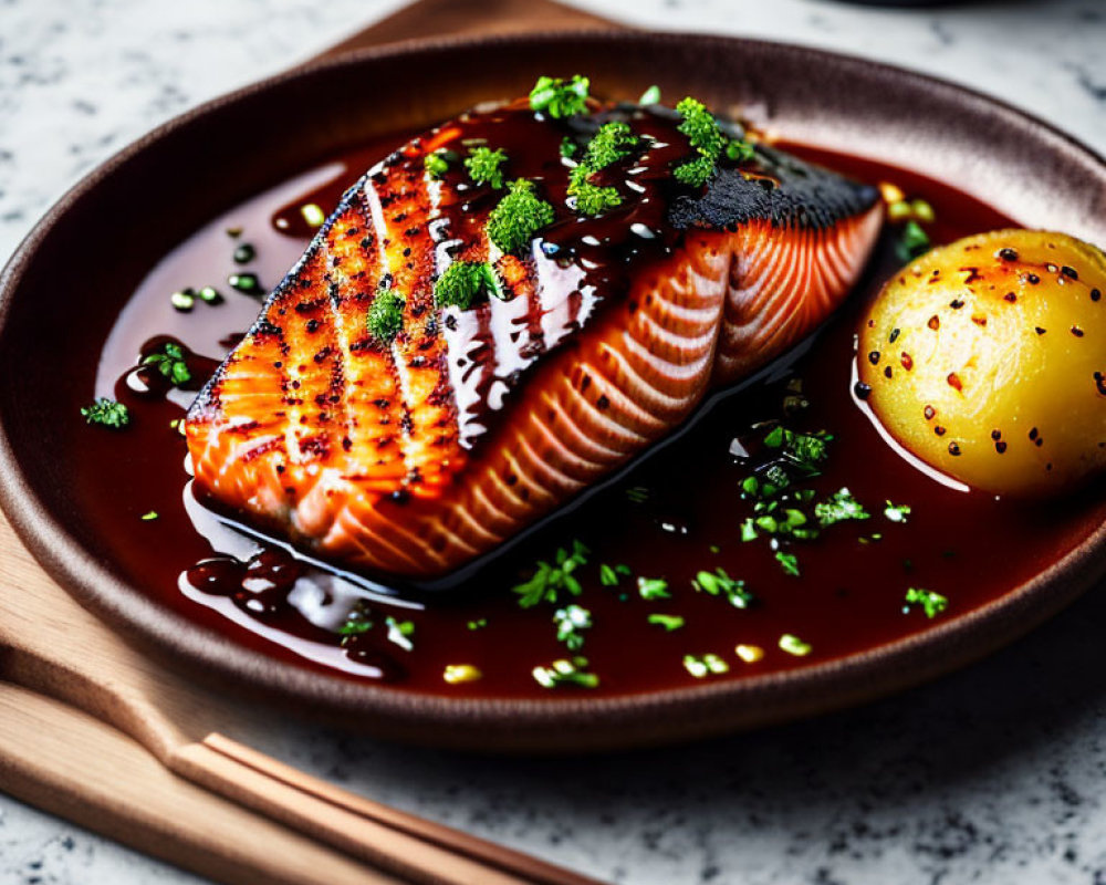 Grilled Salmon Fillet with Glaze, Herbs, Lemon, Chopsticks, and Wooden Rest