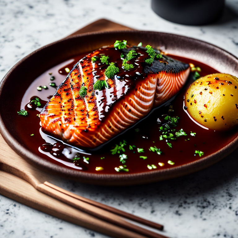 Grilled Salmon Fillet with Glaze, Herbs, Lemon, Chopsticks, and Wooden Rest